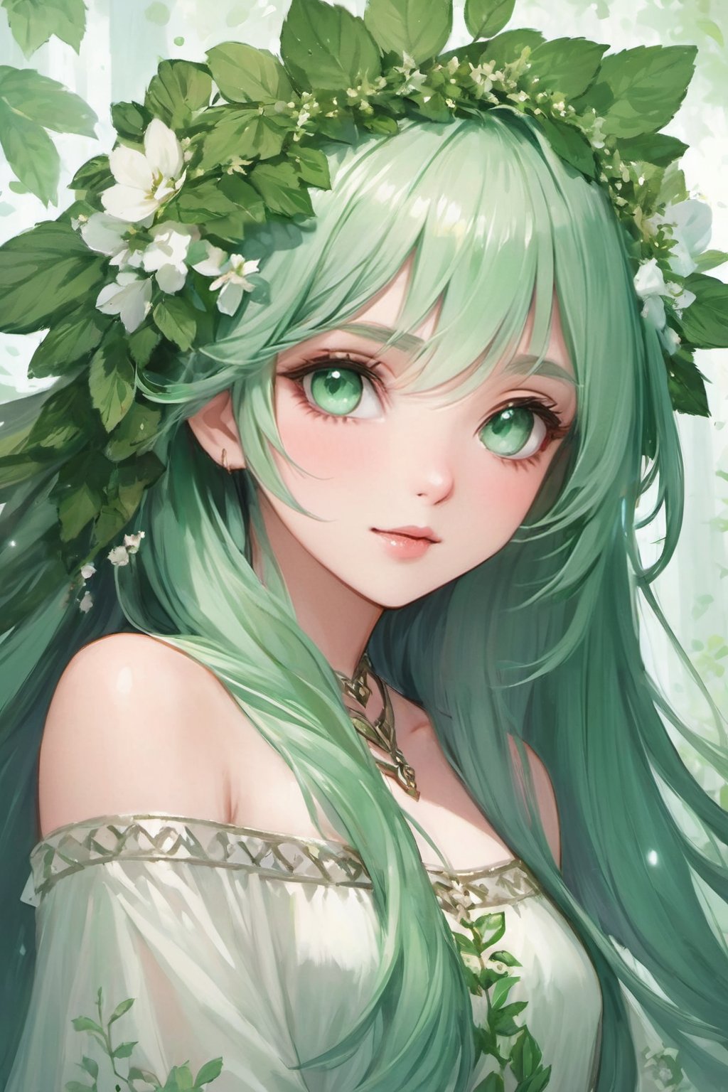 portrait, solo, upper body, looking at viewer, detailed background, detailed face, 1girl, nymph, ethereal, nature-inspired, almond-shaped face shape, emerald eye color, cascading green-mint hair, leafy attire, floral crown, serene expression, mystical feeling of the image.