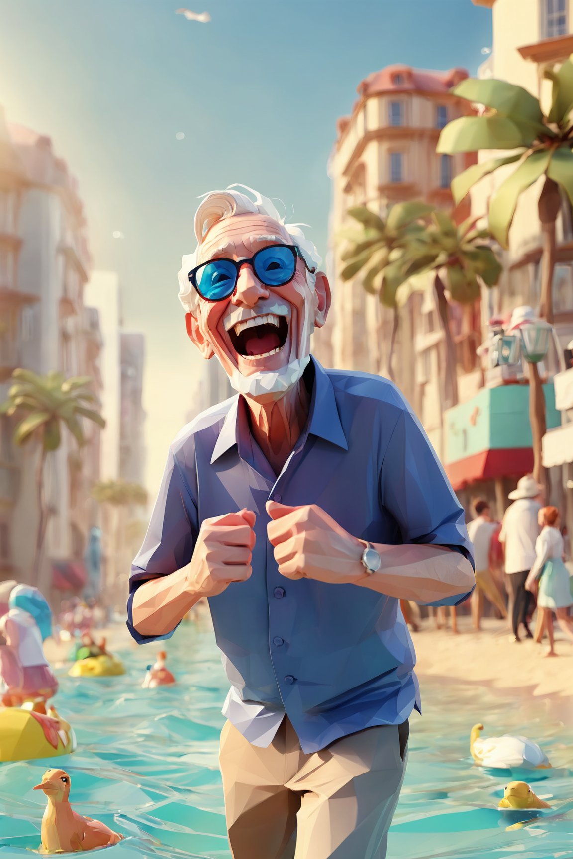 3d toon style, 3d render style,detailed, mass laughing at beach, weird old man laughing, weird face, big teeth, crowds, crowd, laugh, high_res