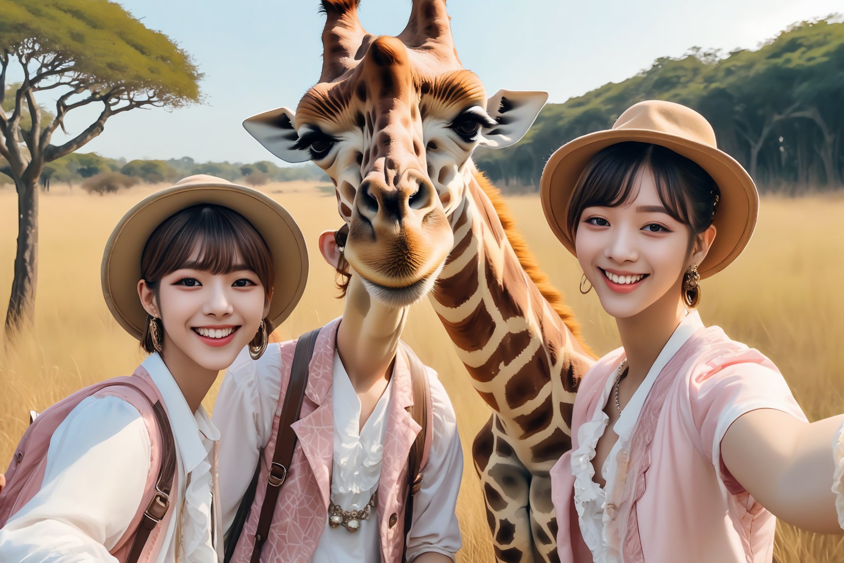Hyperealistic, detailed illustration in the style of rococo, A kpop group taking selfie with iphone on savannah, ((smilling girrafe:1.4) in the background), highly details, photorealistic style, high_res