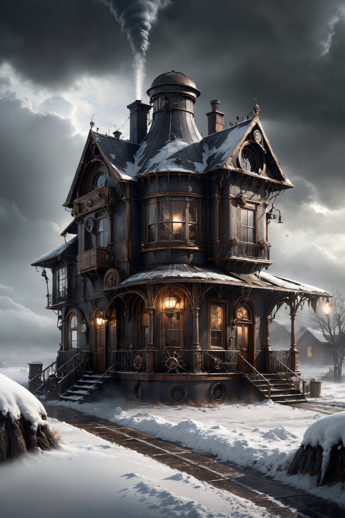 (In the style photo of Darek Zabrocki, Gilles Beloeil, Cedric Peyravernay, Jordan Grimmer), hyperrealism, a steampunk houses in the winter, stormy environment, ultra detailed, intricated, cinematic, real life like fantasy, gloom, dark, beautiful dramatic, Highres, UHD, ,steampunk style