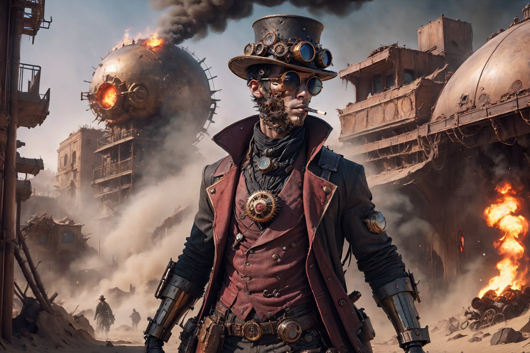 Surviving steampunk guy with torn clothing, hat, sunglasses, cigarette in mouth, use rifle, alien structure, realistic, stylish, rutkowski, hdr, intricate details, hyperdetailed, cinematic, rim light, danger atmosphere, night, red light, destroyed street, 4k, fire, nuclear bomb, apocalyptic powder, Dune,steampunk style