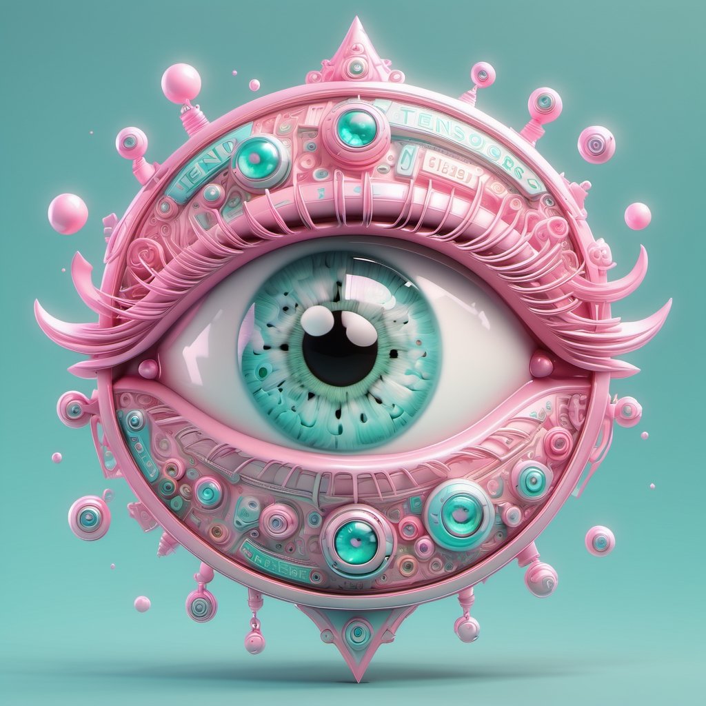 an eye, "Tensor" text sign on irish, beautiful, clearly,  cyan&pink, hyperdetailed, chibi,3d style