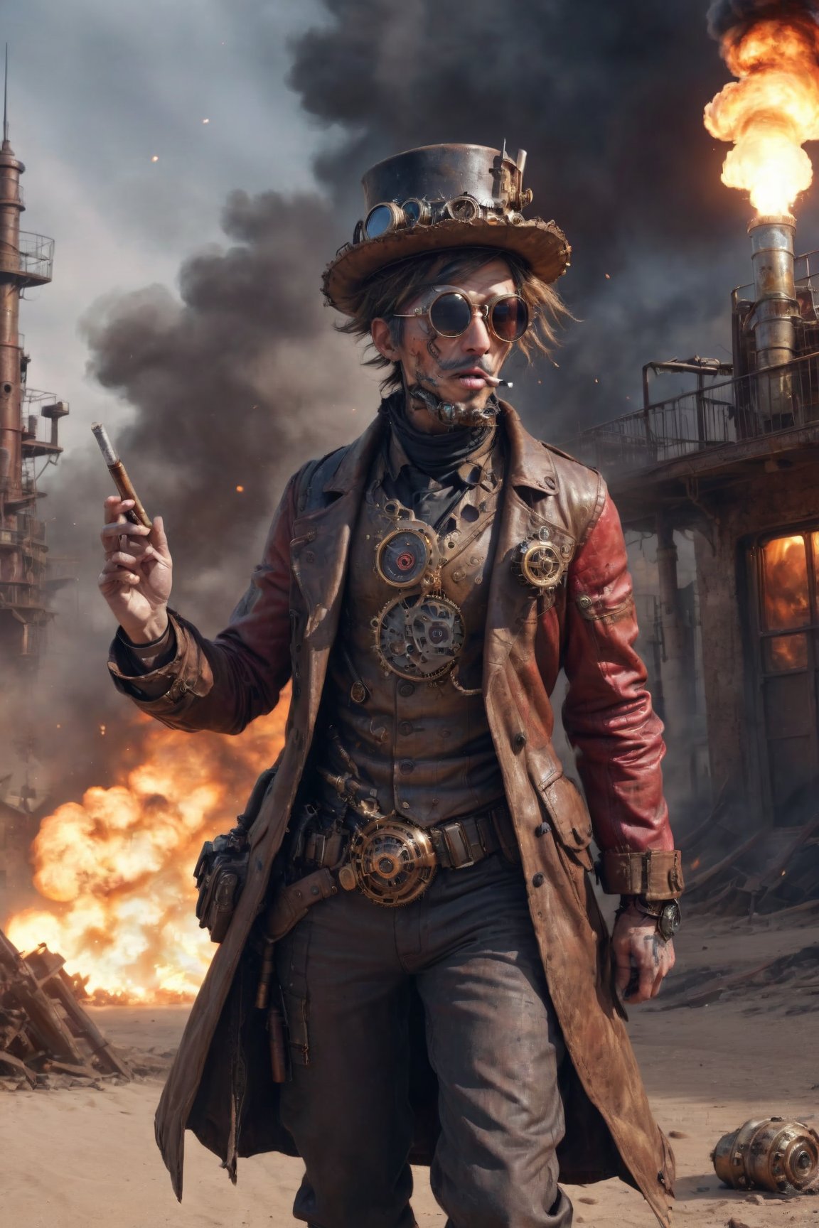 Surviving steampunk guy with torn clothing, hat, sunglasses, cigarette in mouth, use rifle, alien structure, realistic, stylish, rutkowski, hdr, intricate details, hyperdetailed, cinematic, rim light, danger atmosphere, night, red light, destroyed street, 4k, fire, nuclear bomb, apocalyptic powder, Dune,steampunk style