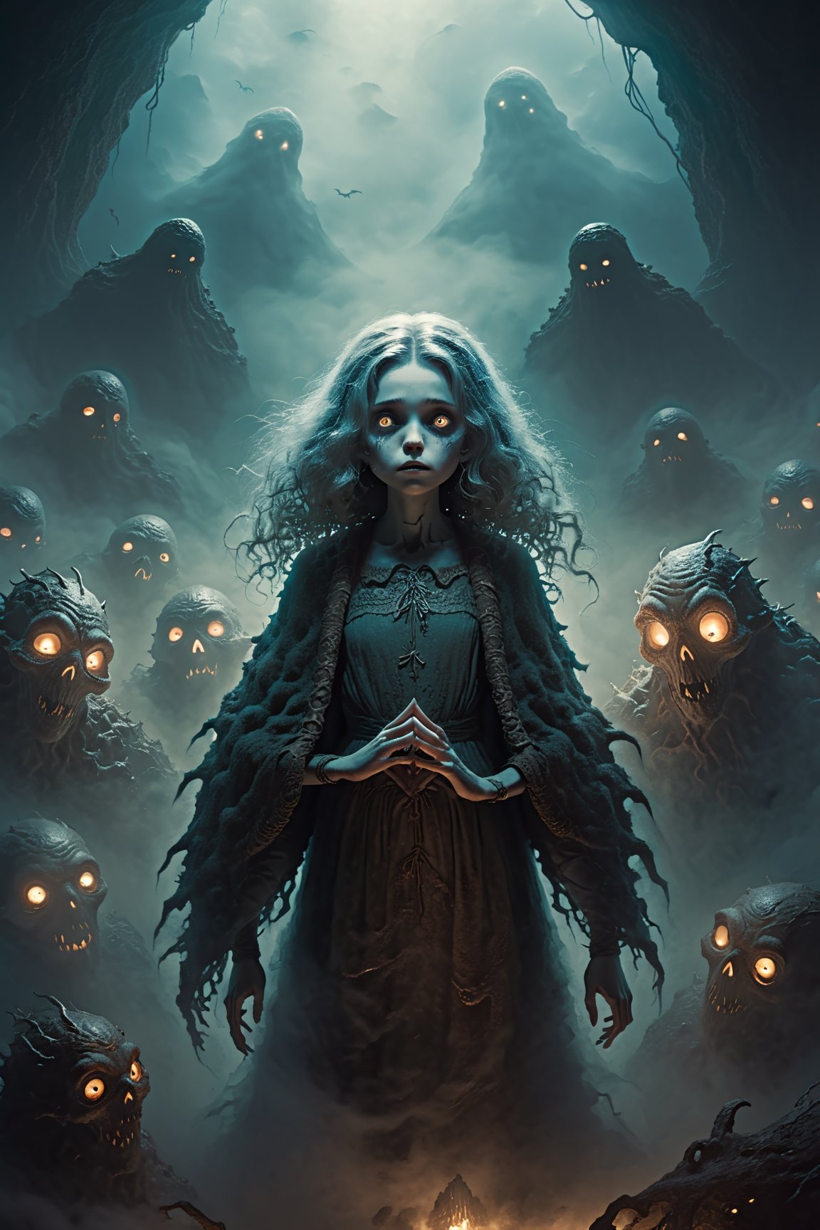 Cute adorable fashionable girl surround by cute monsters and ghosts, eerie yet beautiful, misty land, thick fog, mysterious, fantasy, magic, dark, low light, cinematic, filmic, aesthetic photo, highres,high_detailed,Monster,HellAI,IncrsXLRanni