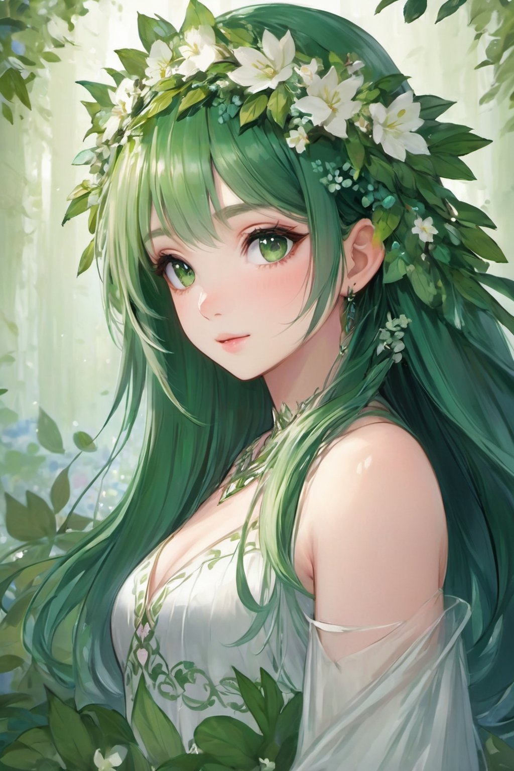 portrait, solo, upper body, looking at viewer, detailed background, detailed face, 1girl, nymph, ethereal, nature-inspired, almond-shaped face shape, emerald eye color, cascading green hair, leafy attire, floral crown, serene expression, mystical feeling of the image.