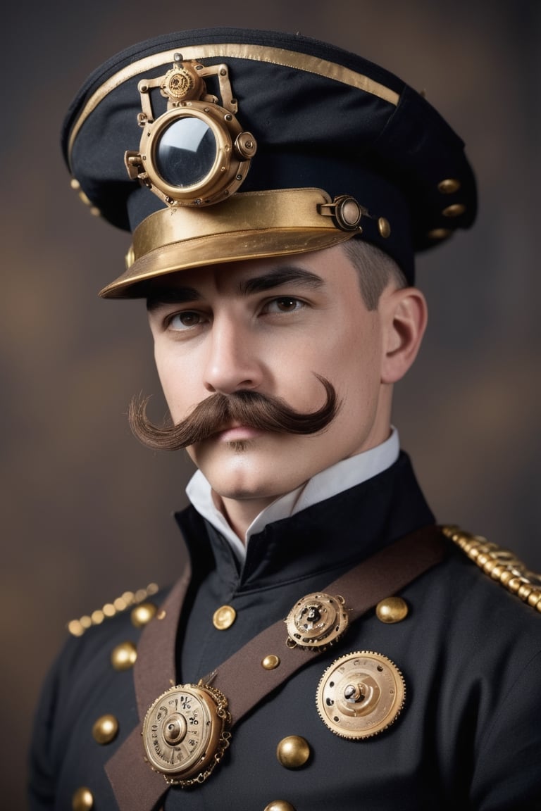 Men with short mustaches and hat wear governor-style uniforms in the industrial era and wear gold chain pins on the chest,steampunk style