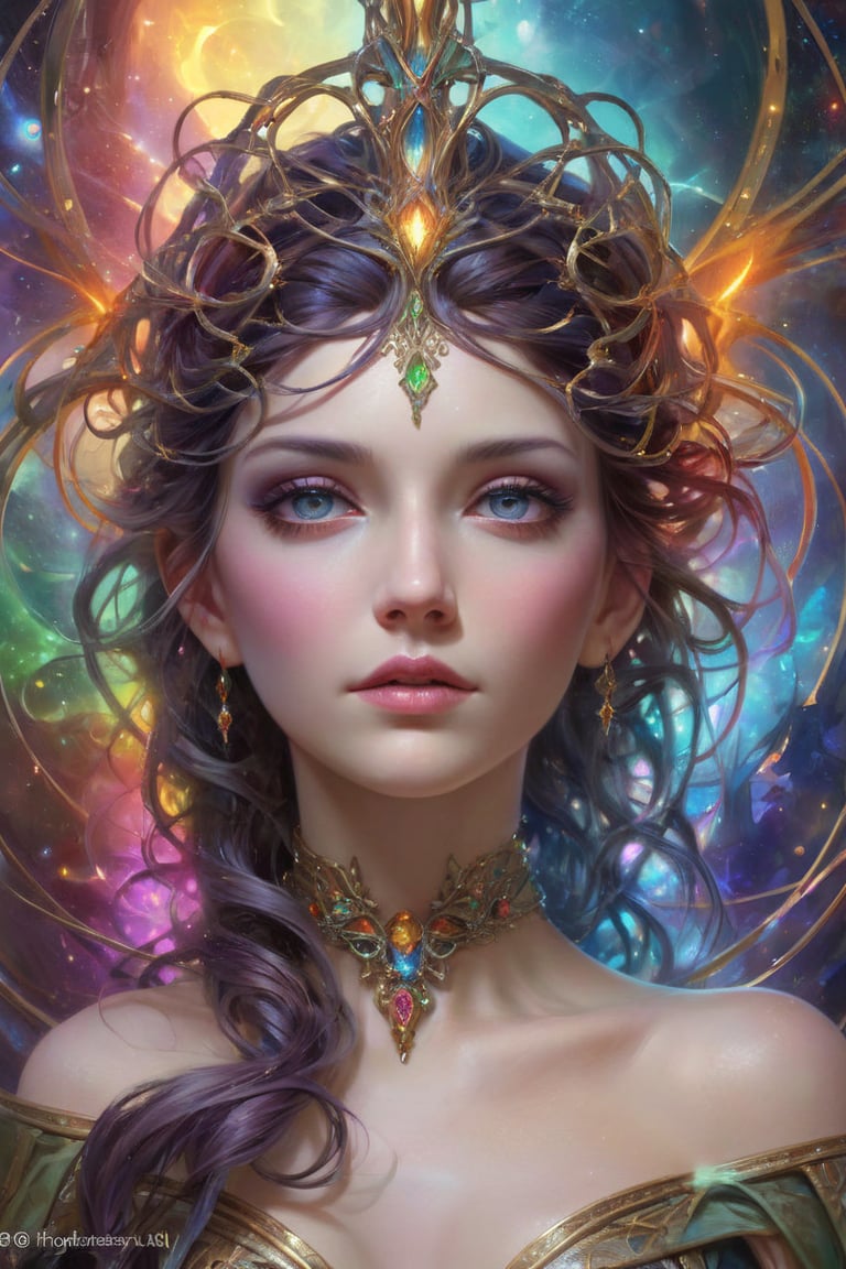 beautiiful Female colorful complex elemental entangled ethereal expansive fantastical fantasy fantasycore oil on canvas, 45 angle view Hyperrealisti style of Jay Anacleto style of Tom Bagshaw sharp focus 8K resolution bokeh dynamic lighting DSLR retouched hyperrealism colourful beautiful photorealistic, head and shoulders portrait
