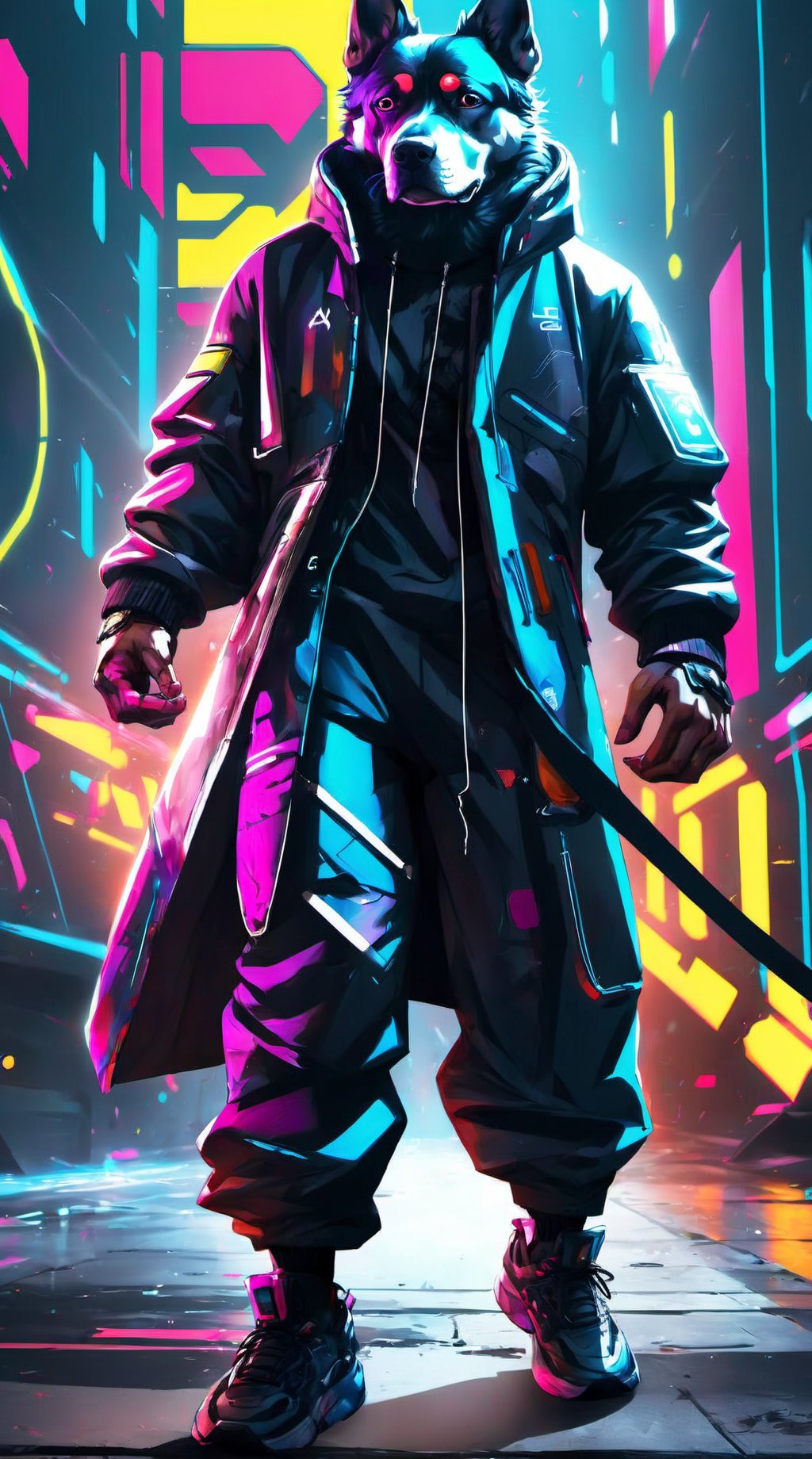 Colorful, cyberpunk, 1man , techwear suite, googles, dynamic pose, grafiti:1.5, sci-fi, futurism, vivid, with dog, high_res