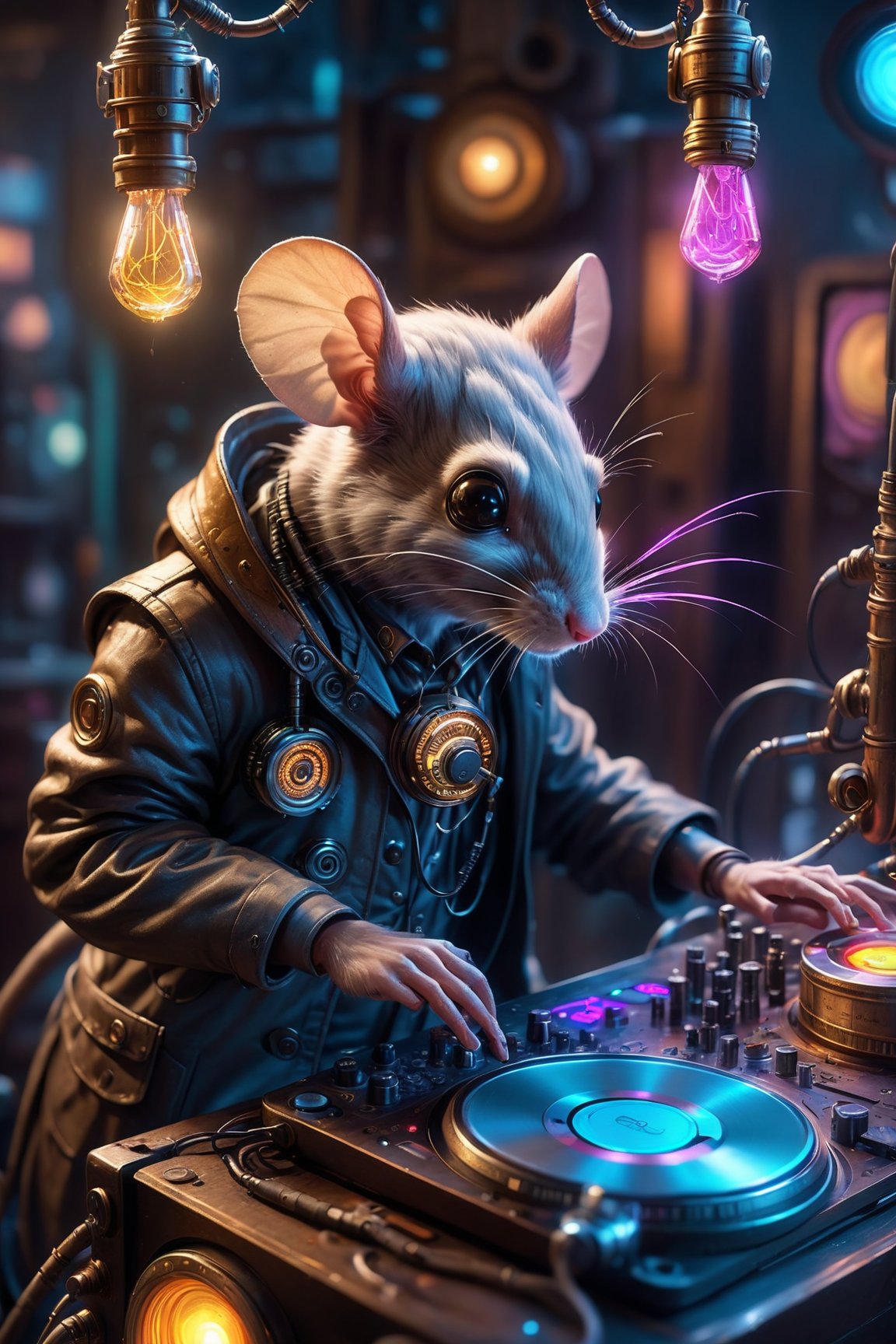 Best quality, hyperdetailed realistic illustration, in the style of "jean-baptise mongue" , a steampunk style "mice" DJ in the night club,  high-detailed, plays DJ instrument so passionly, steampunk style, cyberpunk style, DJ instrument, gears panels,  DJ headphone , steampunk neons in background, colorful, sparks, sparkling, joyfull, high_res, hyperdetailed,cyberpunk style
