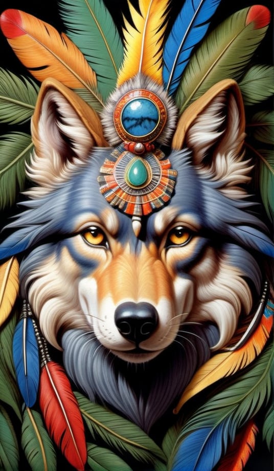 Wolf King,Indigenous style,meditative state,Wolf's hairy body, Looking at the Camera, elegant, hairs with details, with Indian headdress on head, many colorful feathers, colorful feathers,Facing the camera, detail: dense tropical foliage, highly detailed intricate,((mythological animals)),celestial universe, hyper-realistic, Masterpiece,by Tim Hildebrandt, vintage, antique prints