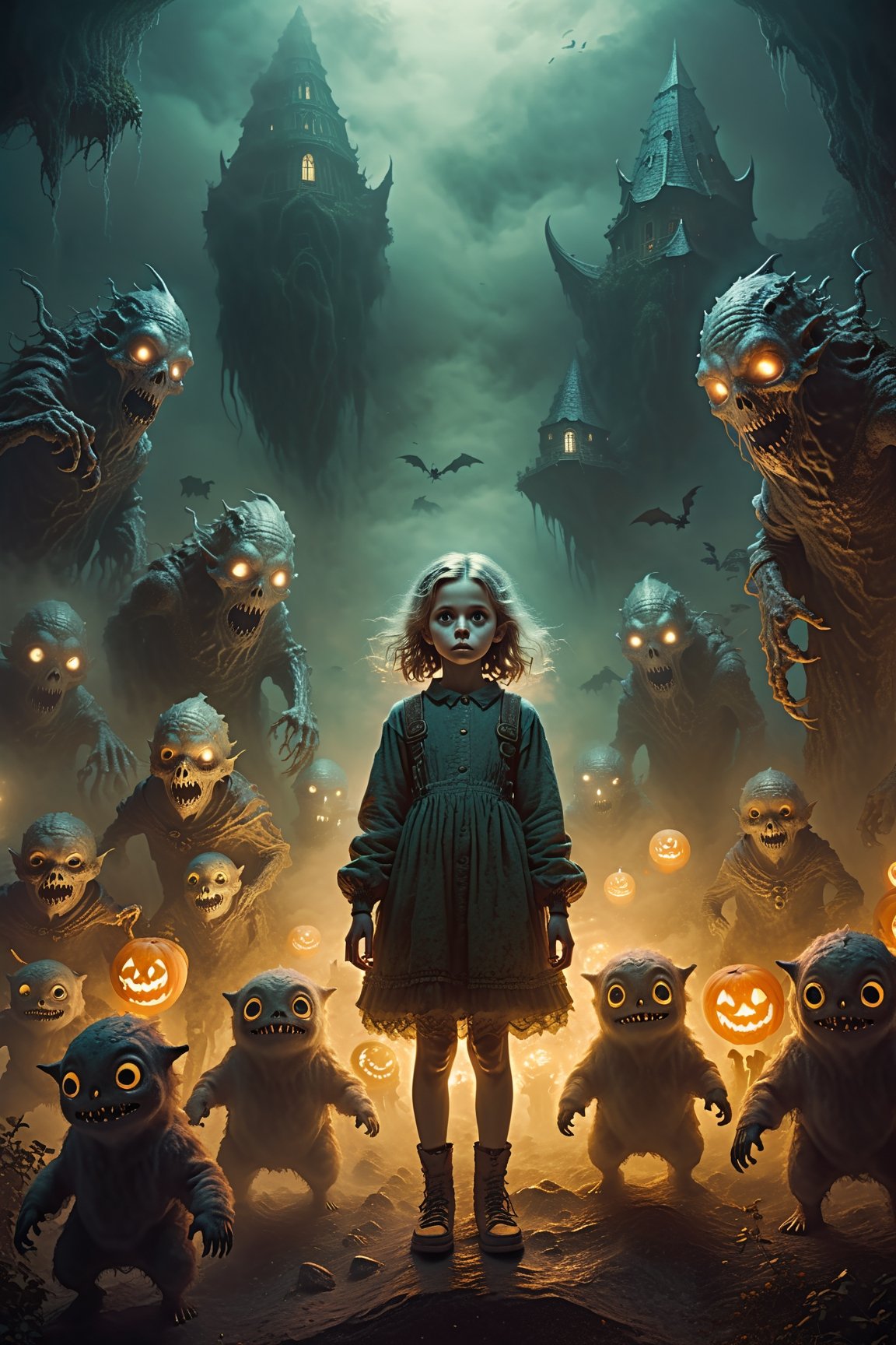 Cute adorable fashionable girl surround by cute monsters and ghosts, eerie yet beautiful, misty land, thick fog, mysterious, fantasy, magic, dark, low light, cinematic, filmic, aesthetic photo, highres,high_detailed,Monster,HellAI