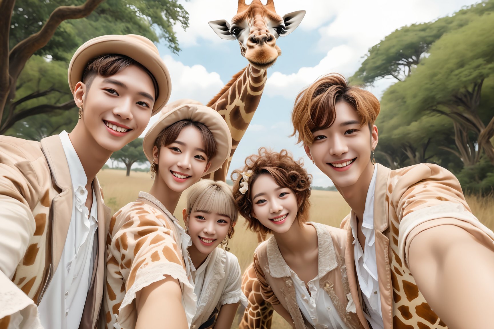 Hyperealistic, detailed illustration in the style of rococo, A kpop group in tribe suite taking selfie with iphone on savannah, ((smilling girrafe:1.4) in the background), highly details, photorealistic style, high_res
