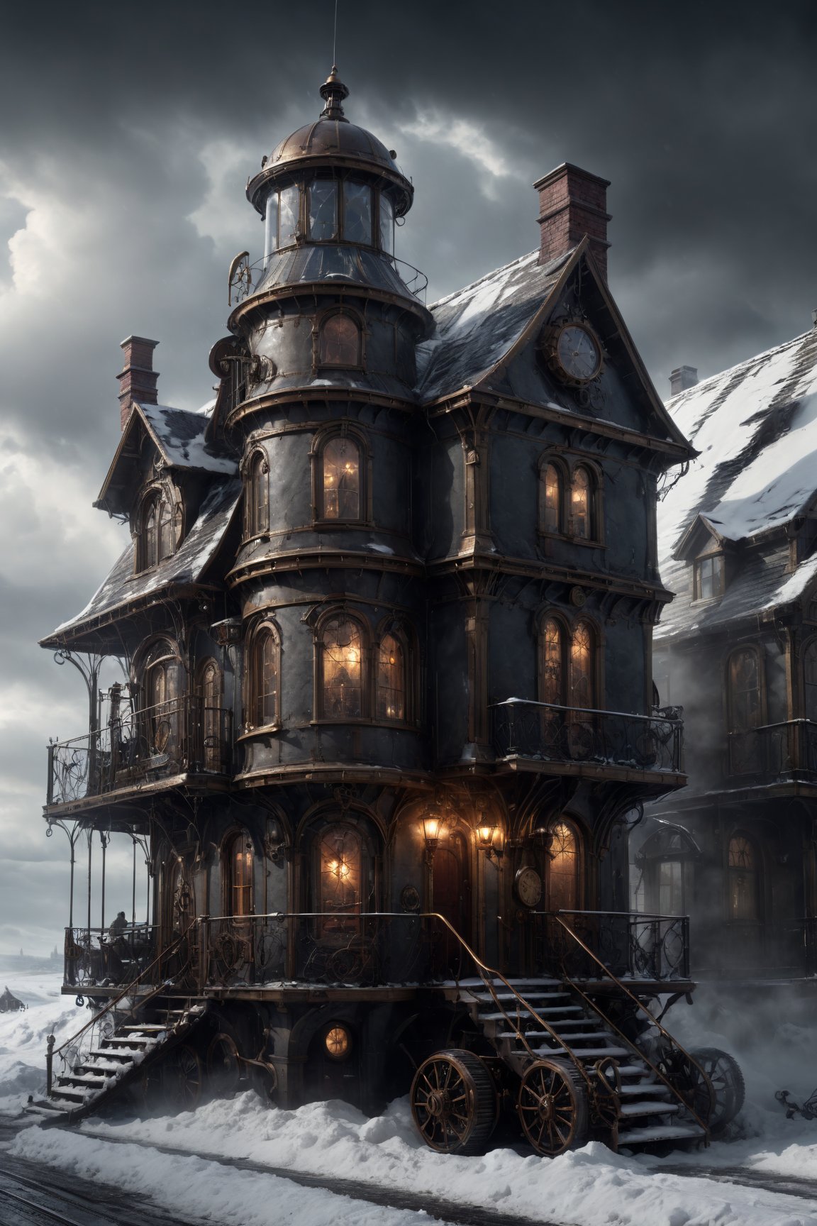 (In the style photo of Darek Zabrocki, Gilles Beloeil, Cedric Peyravernay, Jordan Grimmer), hyperrealism, a steampunk houses in the winter, stormy environment, ultra detailed, intricated, cinematic, real life like fantasy, gloom, dark, beautiful dramatic, Highres, UHD, ,steampunk style,Movie Still