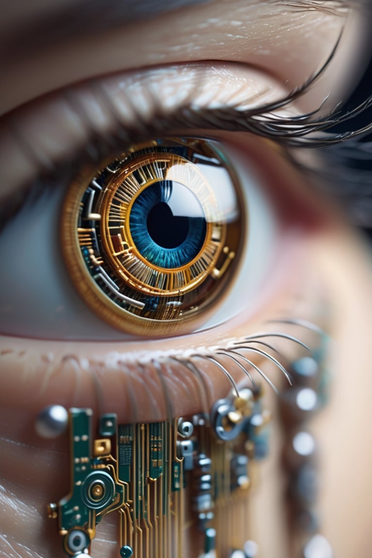 Macro photography of an eye, in which the Irish is made of a thin arrangement of strands of metal, nanotechnology, which forms a high-tech electronic circuit, and the pupil of an eye is made of a robotic sensor, miki asai photo, high_res, cyborg style