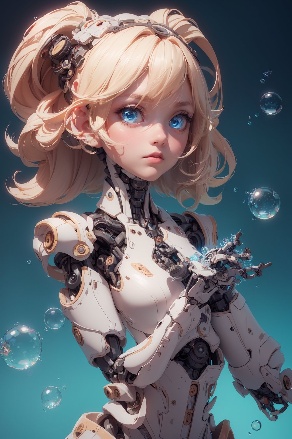 (best quality illustration masterpiece), (detailed eyes), (white skin), (detailed hair), (extremely detailed 8k CG unity wallpaper), (amazing designer), (best film studio cinema lighting), simple and comfortable color palettes, a girl (with mechanical arms), thin, humanoid body, expressionless face, (expressive eyes and emotions background with soap bubbles, beautiful blue sky, a beautiful and vast place at the same time, (girl's eyes red), ,3DMM
