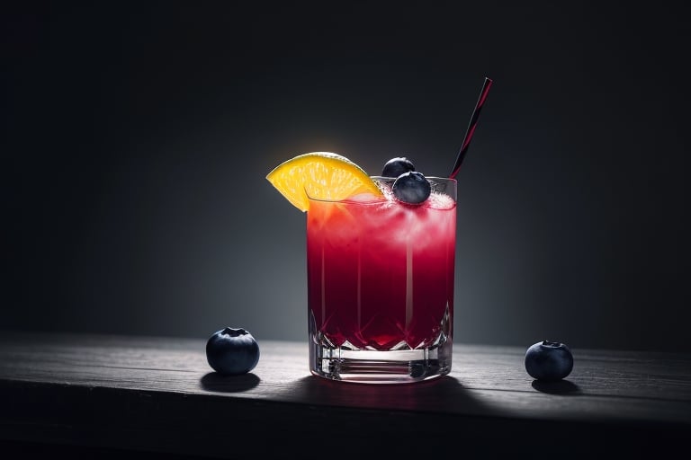 Stunning, refreshing blueberry cocktail menu photo mixology masterpiece, dramatic neon-noir lights, edge shaped backlight effect,  excessive detailed, intricate textures, extremely realistic muted colors, realistic, complex backgound, 