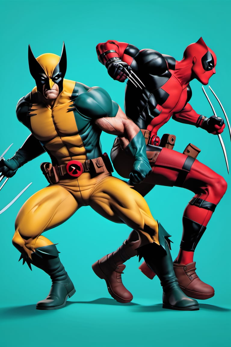 figure of Wolverine and Deadpool, head, legs, feet, teal dimentional background, high-res