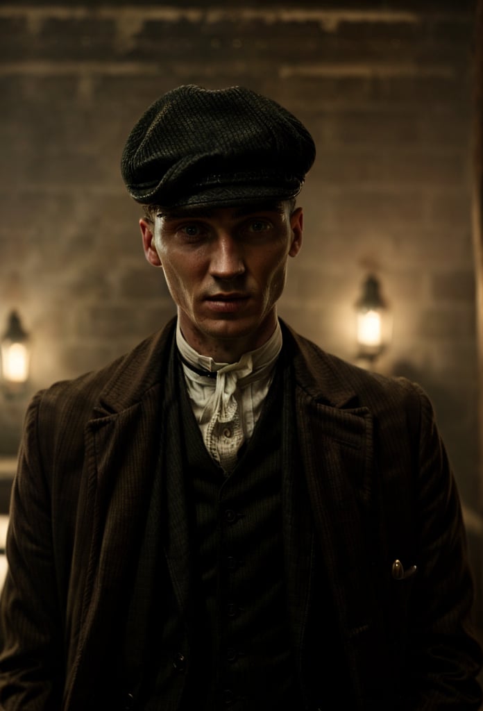 color photo of Thomas Shelby, the charismatic and ruthless leader of the Peaky Blinders 