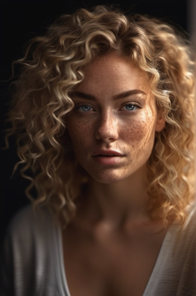 full body shot of a beautiful woman with curls and lots of freckles, (dirty blonde hair), (face portrait:1.5), dramatic light , Rembrandt lighting scheme, (hyperrealism:1.2), (photorealistic:1.2), shot with Canon EOS 5D Mark IV,Medium long shot,Front view
