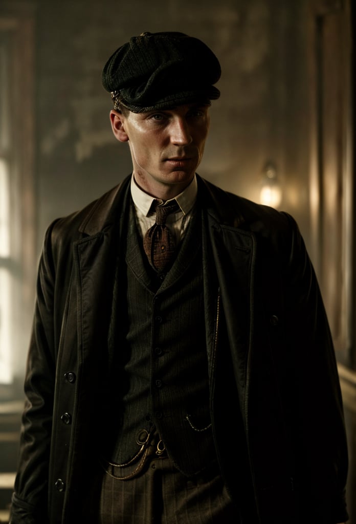 color photo of Thomas Shelby, the charismatic and ruthless leader of the Peaky Blinders 