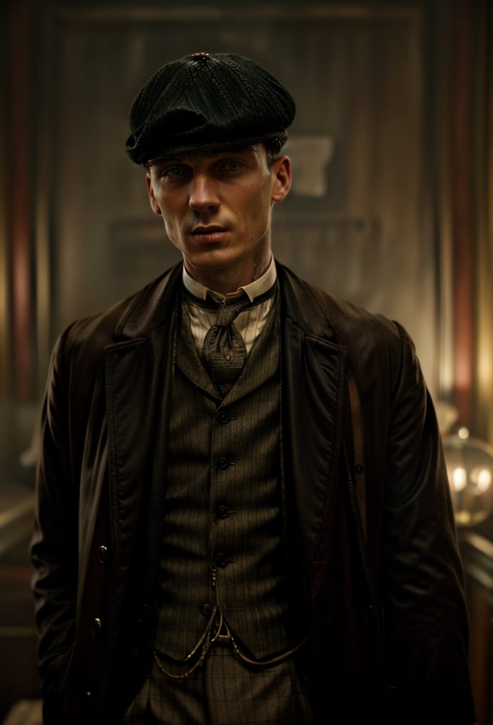 color photo of Thomas Shelby, the charismatic and ruthless leader of the Peaky Blinders 