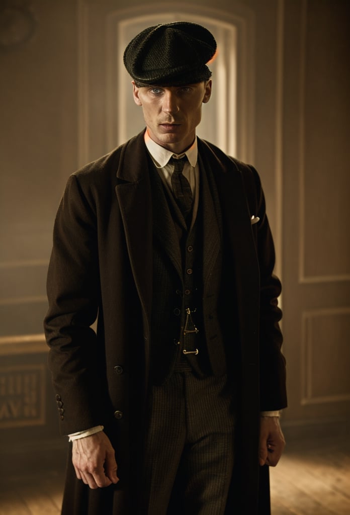 color photo of Thomas Shelby, the charismatic and ruthless leader of the Peaky Blinders 