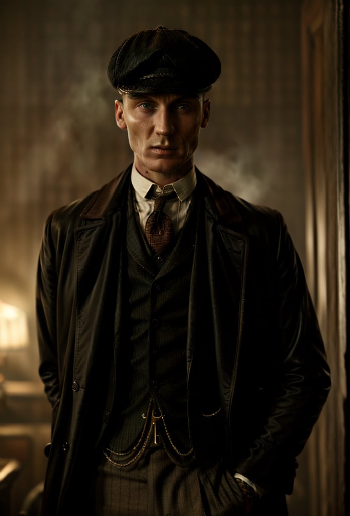 color photo of Thomas Shelby, the charismatic and ruthless leader of the Peaky Blinders 