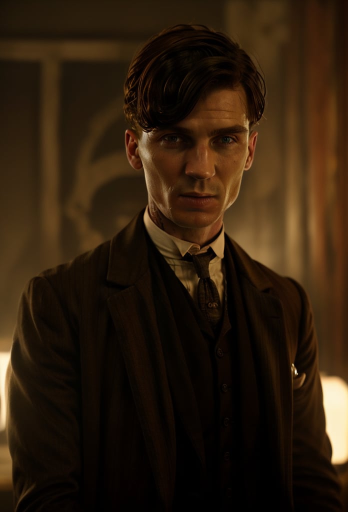 color photo of Thomas Shelby, the charismatic and ruthless leader of the Peaky Blinders 