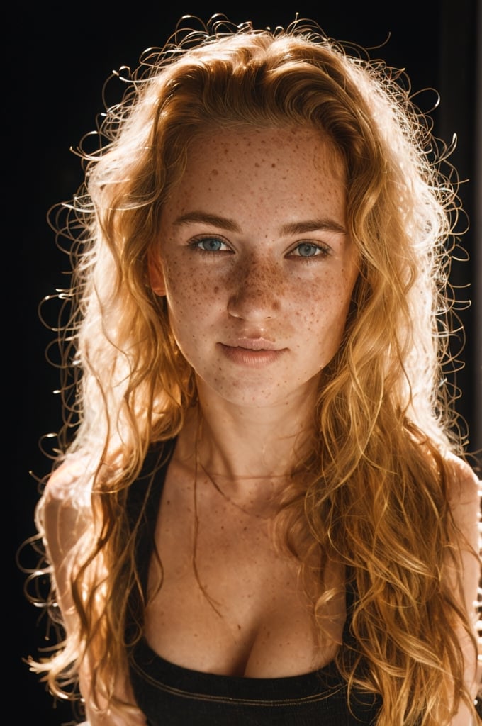 full body shot of a beautiful woman with curls and lots of freckles, (dirty blonde hair), (face portrait:1.5), dramatic light , Rembrandt lighting scheme, (hyperrealism:1.2), (photorealistic:1.2), shot with Canon EOS 5D Mark IV,Medium long shot,Front view
