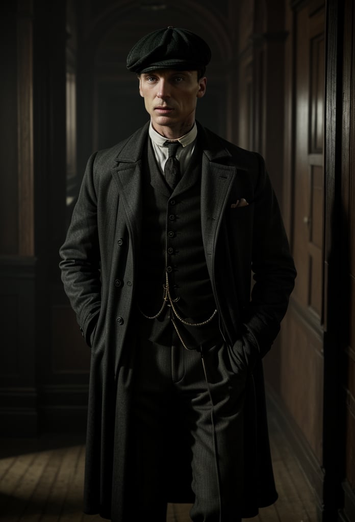 color photo of Thomas Shelby, the charismatic and ruthless leader of the Peaky Blinders 