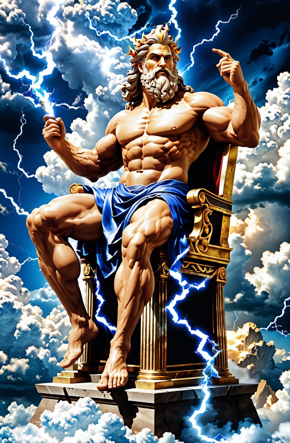 Create a photorealistic image featuring the Greek gods Zeus, the majestic figure of Zeus, ruler of the heavens, as he sits upon his throne of clouds, his lightning bolt in hand, ready to strike down any who dare challenge his divine authority.  Zeus should be portrayed with his distinctive attributes and symbols, such as Zeus with his {thunderbolt}. The background can be a {divine realm}, {Mount Olympus}, or a {mythical landscape} that reflects the realm of the gods. The camera angle can be a {medium shot}, capturing Zeus from a perspective that showcases his presence and individuality. The desired resolution for the image is {high definition}, with {crisp details} and {realistic textures} to bring out the divine qualities of the greek King of Gods, Zeus.