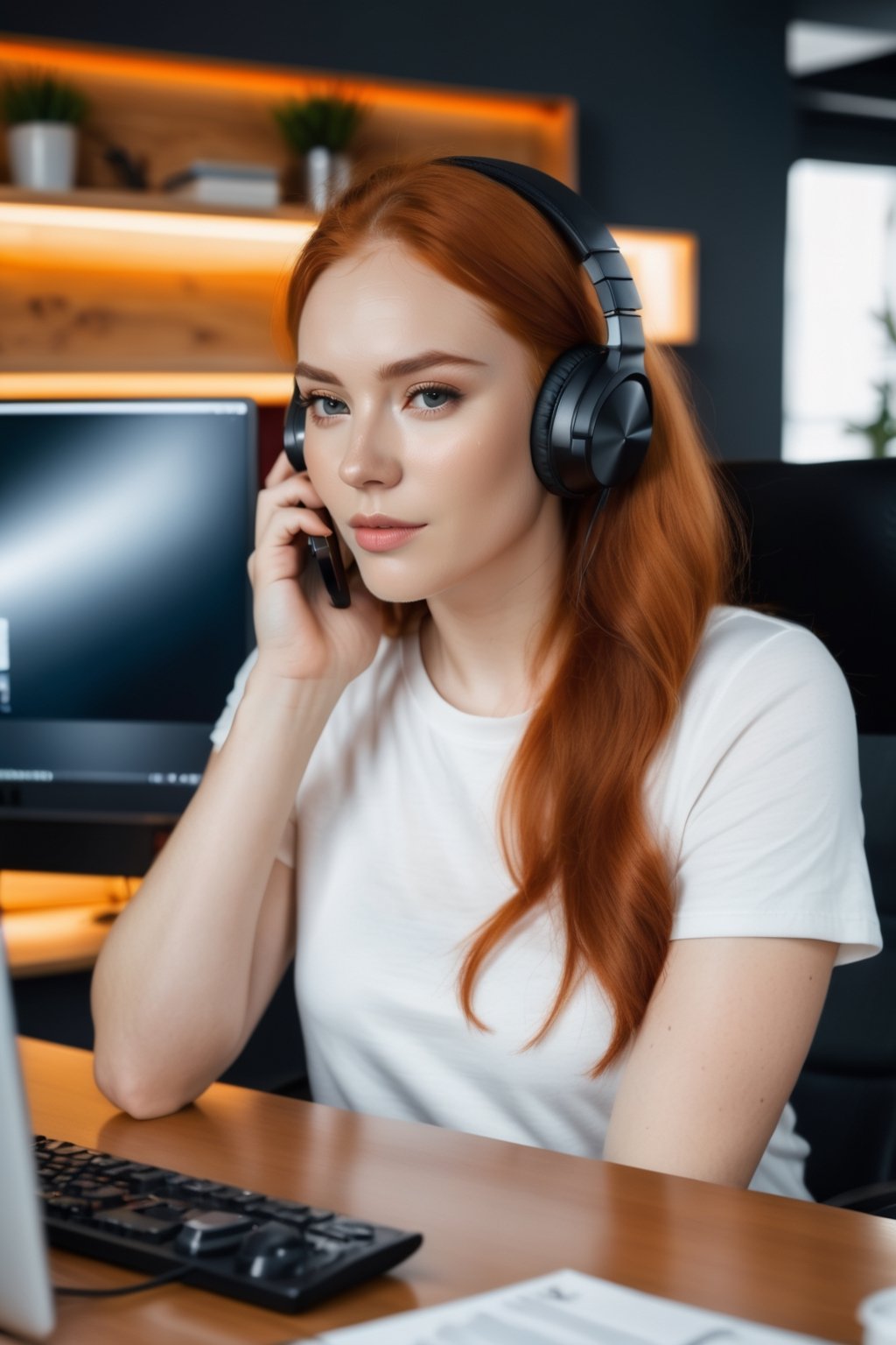 Clear skin, clear face, natural red hairs, casual black  clothes, sitting in front of computer, with headphones and mobile phones,realistic