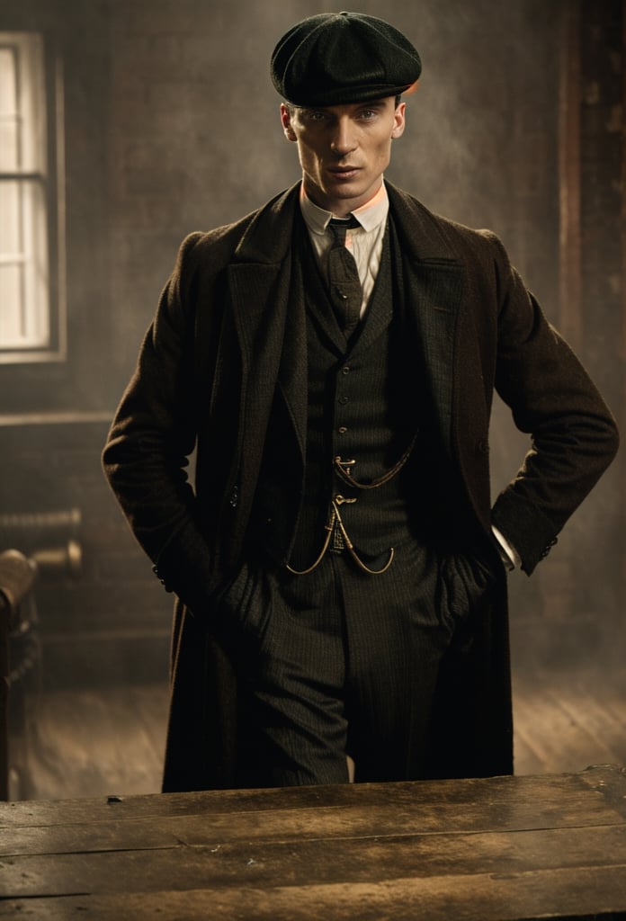 color photo of Thomas Shelby, the charismatic and ruthless leader of the Peaky Blinders 