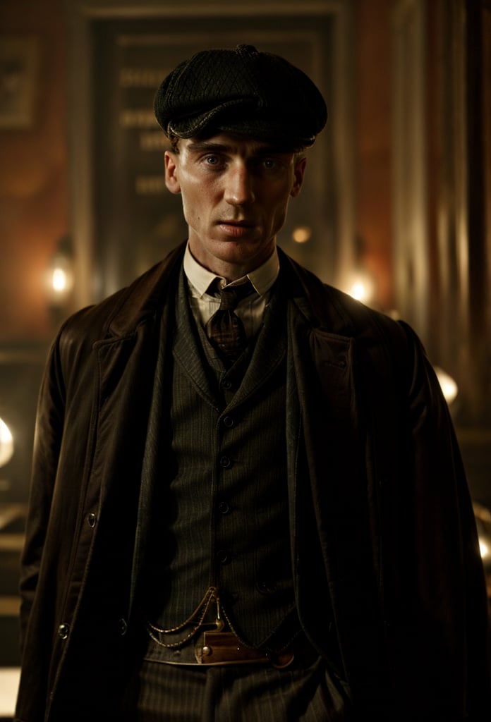 color photo of Thomas Shelby, the charismatic and ruthless leader of the Peaky Blinders 