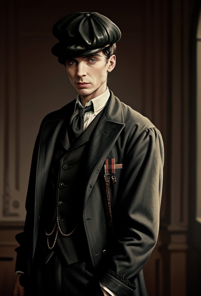 color photo of Thomas Shelby, the charismatic and ruthless leader of the Peaky Blinders 