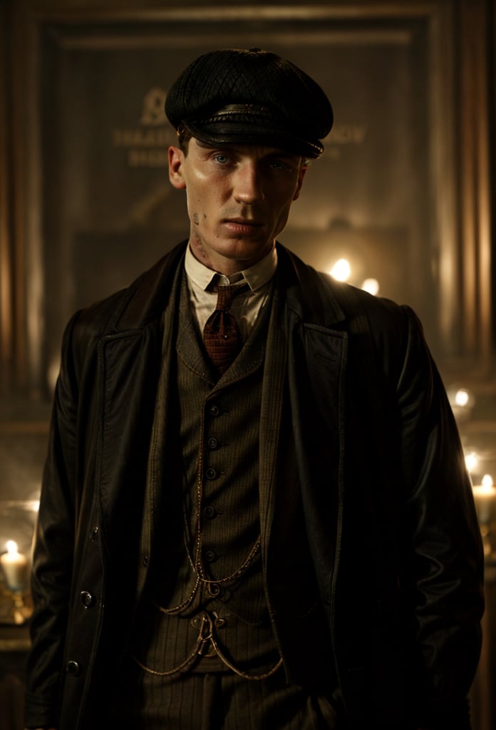 color photo of Thomas Shelby, the charismatic and ruthless leader of the Peaky Blinders 