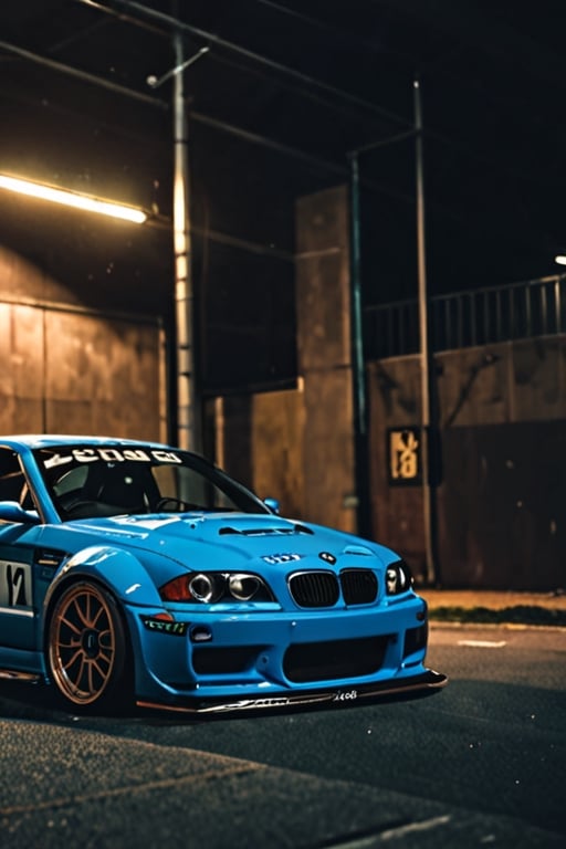 photograph BMW E46 M3 Coupe GTR Widebody Kit, NFS 2005 style decals, BMW blue, detailed number plate, cinematic 4k epic detailed 4k epic detailed photograph shot on kodak detailed bokeh cinematic hbo dark moody
,SD 1.5