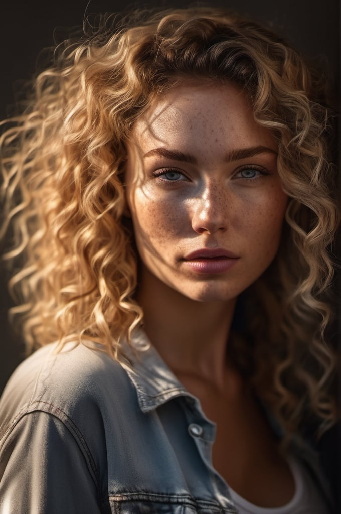 full body shot of a beautiful woman with curls and lots of freckles, (dirty blonde hair), (face portrait:1.5), dramatic light , Rembrandt lighting scheme, (hyperrealism:1.2), (photorealistic:1.2), shot with Canon EOS 5D Mark IV,Medium long shot,Front view
