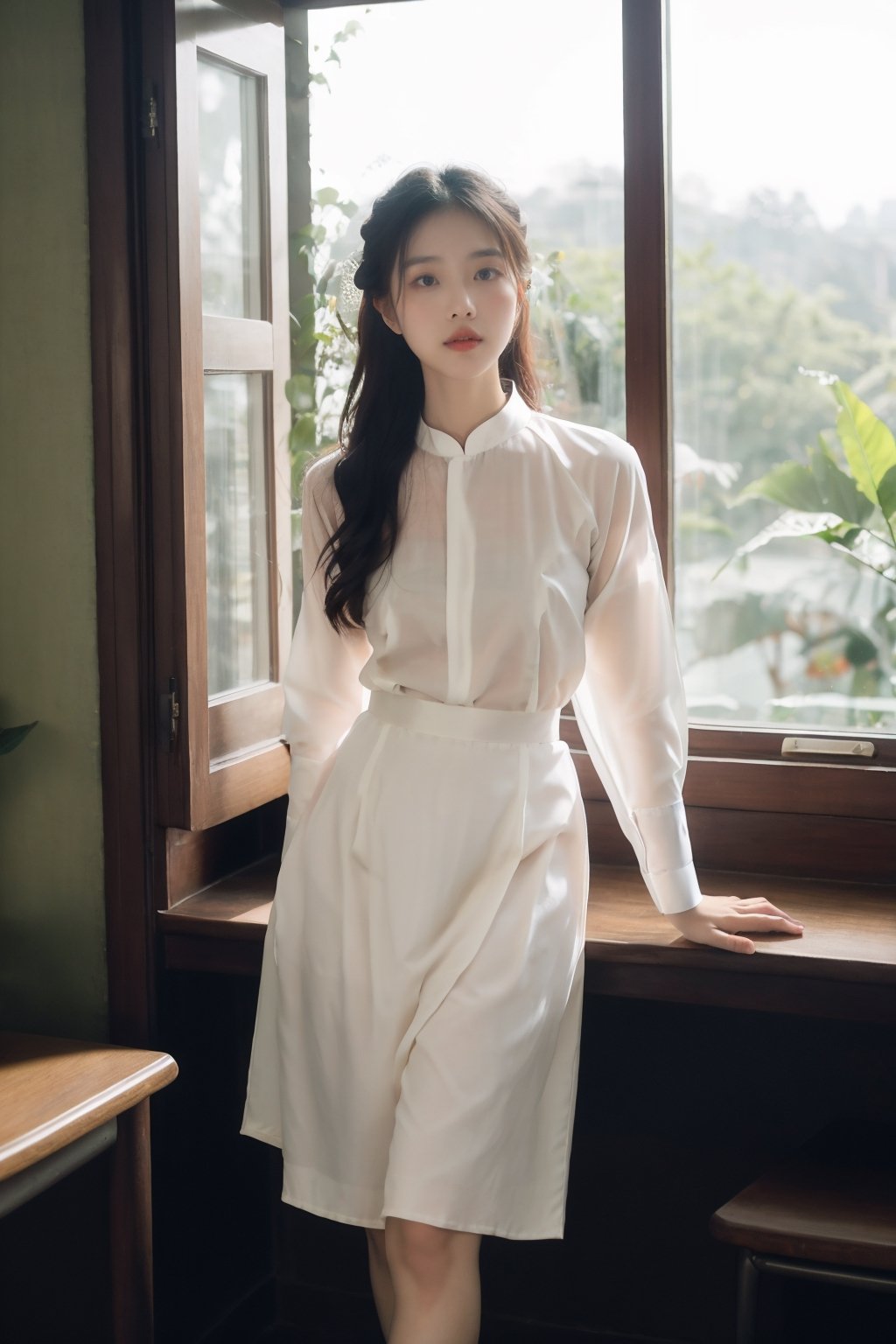 Vietnamese girl in short skirt shirt, office scene, elegant and poetic style, soft natural light, flowing shirt fabric, surrounded by fresh greenery in the office, harmony with nature, traditional graceful beauty, poetic and romantic atmosphere, capturing the essence of a poetic muse,aodai,VINTAGE, look_at_viewer, ,dream_girl