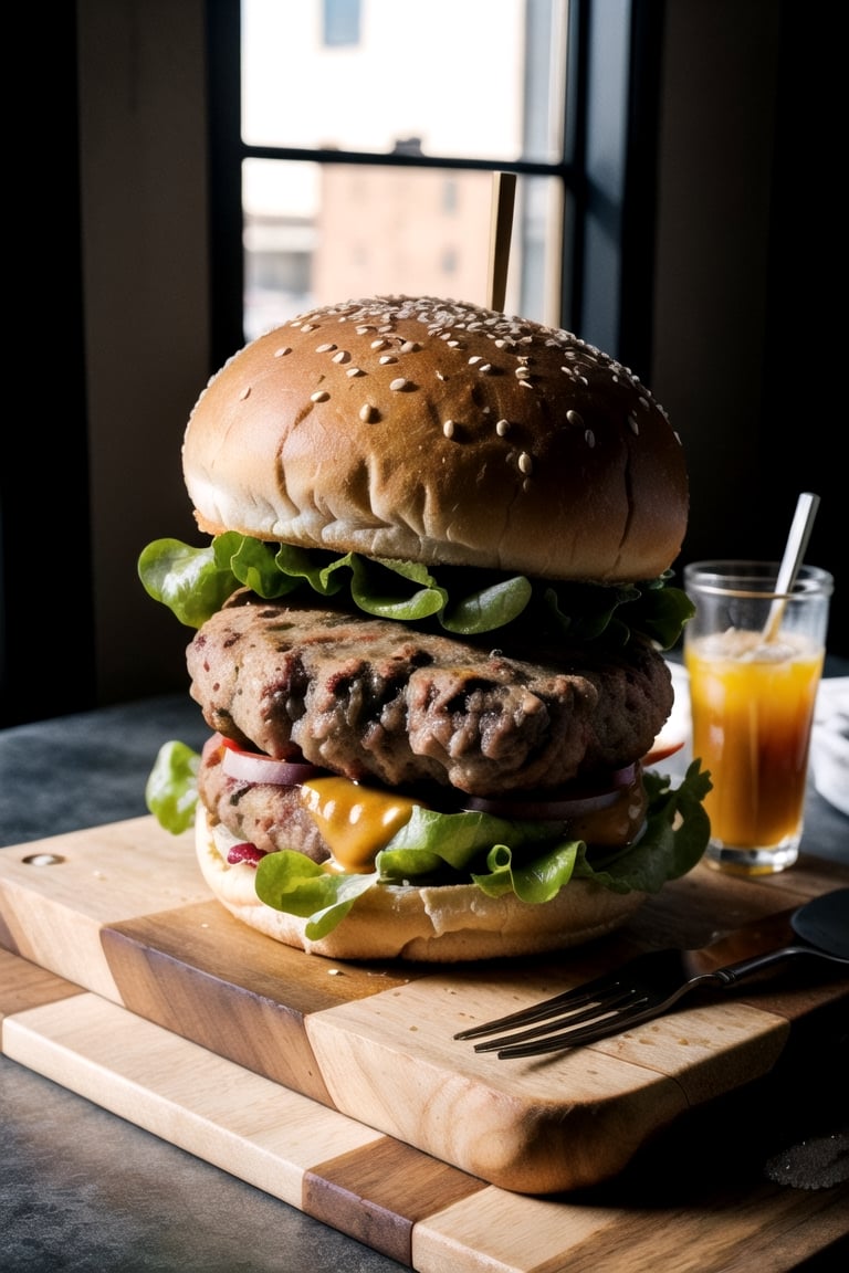 Food photography, enormous beef burger, dripping sauce, soda, salad, served on cutting board, restaurant, side window, sunlight, contrasty, shadows, bokeh,foodstyle