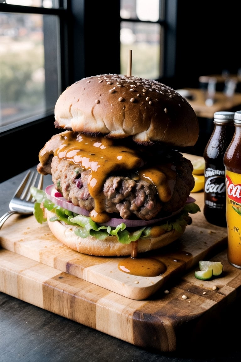 Food photography, enormous beef burger, dripping sauce, soda, salad, served on cutting board, restaurant, side window, sunlight, contrasty, shadows, bokeh,foodstyle