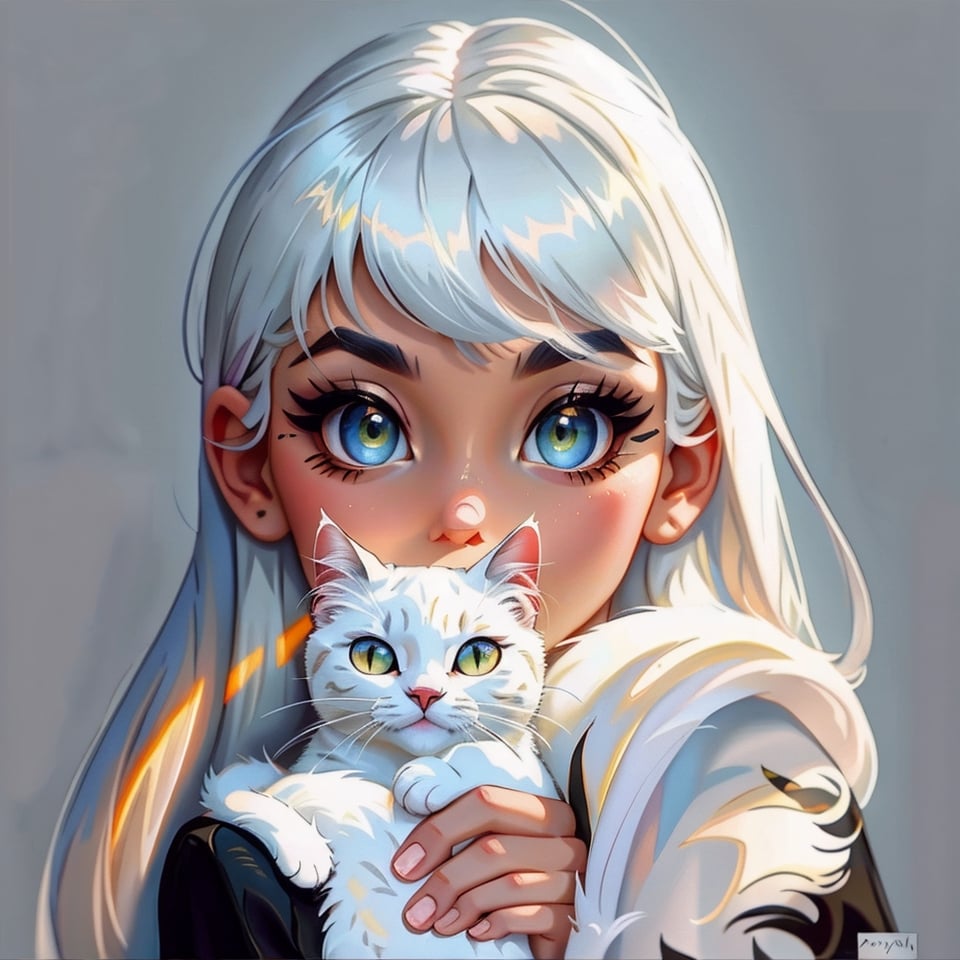 1girl(white hair), 1cat, black cat, 
serious atmosphere, 
 disney style, most beautiful artwork in the world, professional majestic oil painting, trending on ArtStation, trending on CGSociety, Intricate, High Detail, Sharp focus, sharp image,hd, realistic reflects,dramatic, photorealistic painting art, catoonized, pinterest,xyzsanart01,veronica