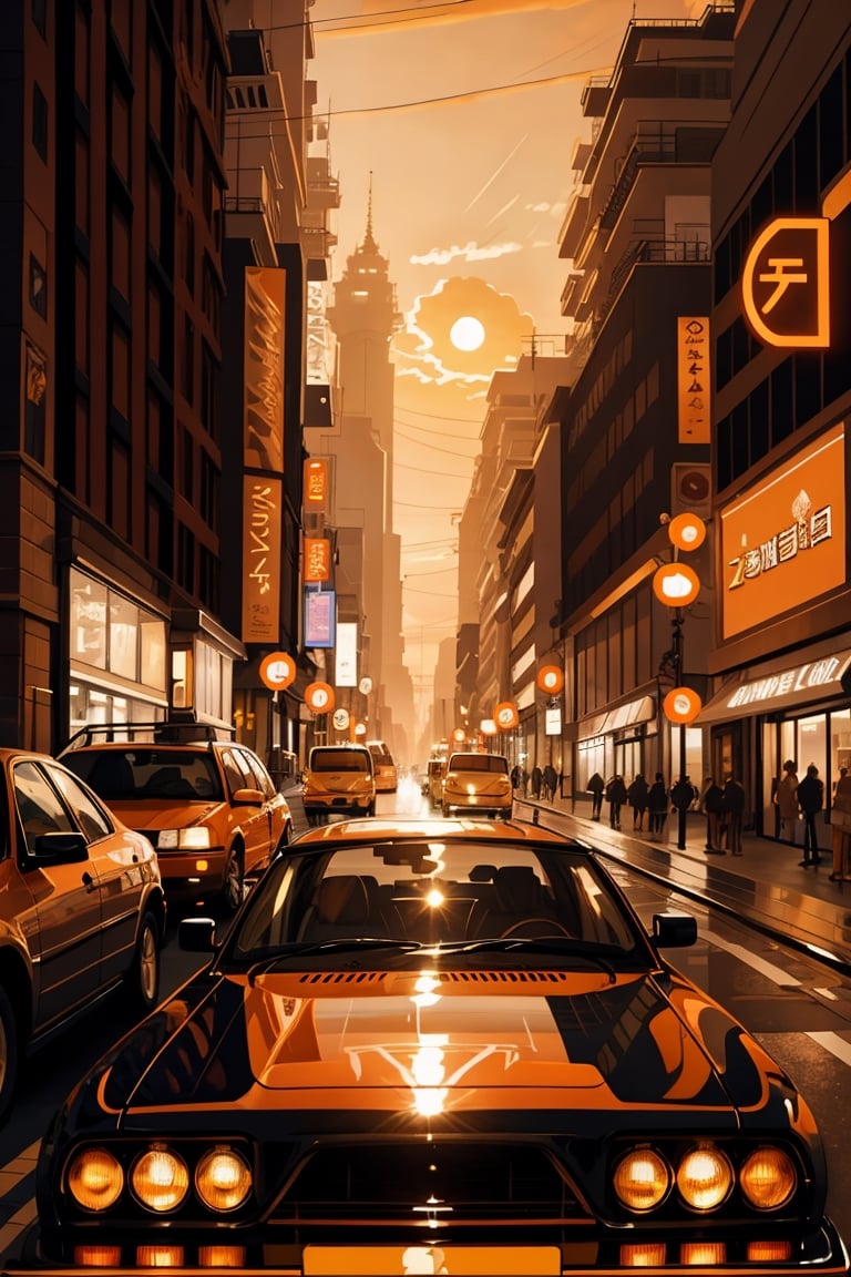 In the middle of the city, sunset, leaving work, feeling drowsy, strong orange color theme,
disney style, most beautiful artwork in the world, professional majestic oil painting, trending on ArtStation, trending on CGSociety, Intricate, High Detail, Sharp focus, sharp image,hd, realistic reflects,dramatic, photorealistic painting art, catoonized, pinterest,xyzsanart01