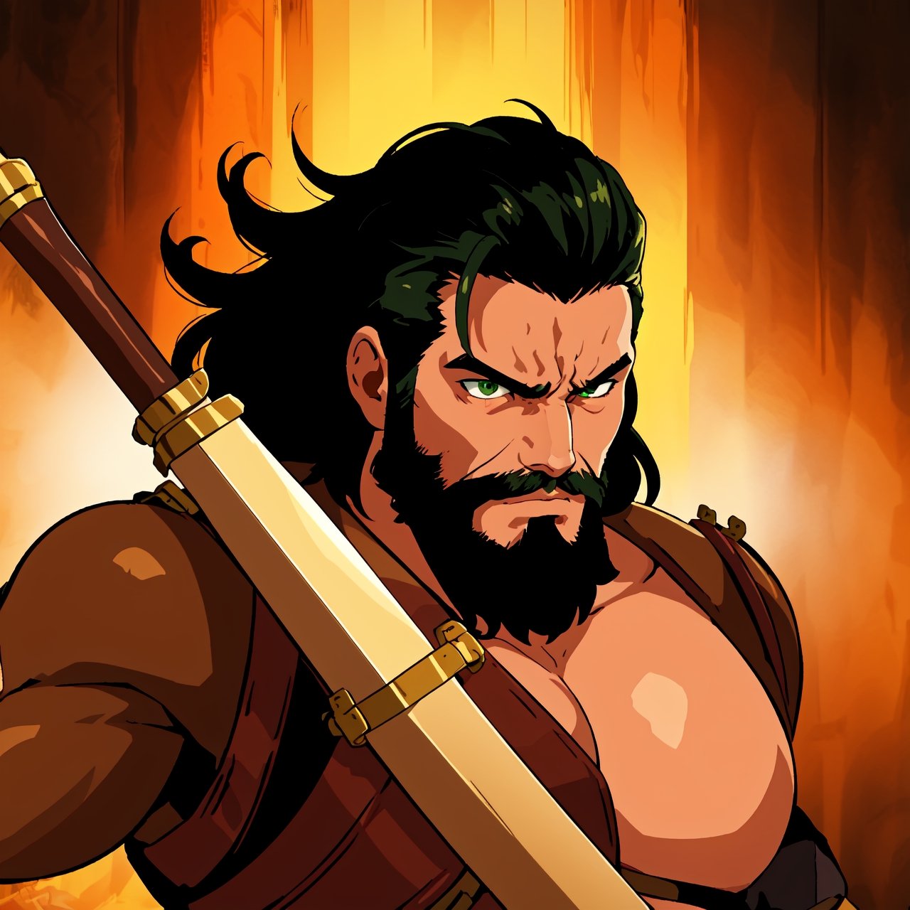masterpiece, high quality, best quality, beautiful, hd, realistic, perfect lighting, detailed face, detailed body, 1 man, solo, black hair, green eyes, long black beard, brown and worn leather clothing gladiator style: 1.4), leather breastplate, 1 wooden spear in hands, war battle background, gladiator style, muscular men, robust, angry look, 