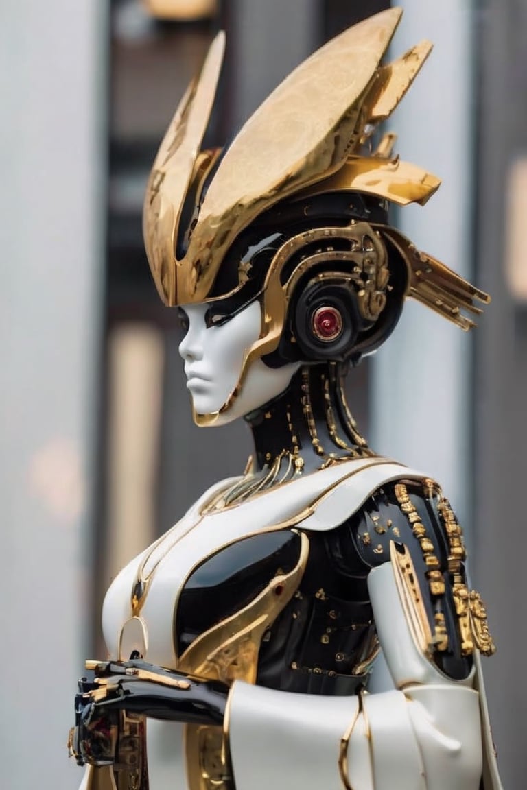 A masterpiece depicting a beautiful blue-skinned female creature, dressed in black, very elegant, with bright, luminous eyes, two small, pointed black horns on her head, short black hair, a very long, straight nose, small black lips and goblin ears with black earrings.
large breast,
"Imagine a highly advanced assassin geisha robot from the 'Ghost in the Shell' universe adorned in a traditional ((sleeveless kimono)), but with intentionally exposed mechanical and cyborg arms. The kimono, a blend of traditional elegance and futuristic design, drapes over the robot's frame in a way that conceals its true nature while subtly revealing its cybernetic enhancements.

The exposed arms are a striking contrast to the fabric, showcasing intricate metal plating and advanced robotic components seamlessly integrated into the limbs. The forearm and upper arm feature a composite exoskeleton, with visible joint mechanisms and reinforced plating that hint at the enhanced strength and dexterity of the robot.

ghost in the shell style,
yakuza geisha interloopers assassins style,

The hands are a marvel of engineering, with each digit housing retractable, razor-sharp blades that can extend and retract on command, concealed within the graceful fingers. The juxtaposition of the delicate, traditional kimono and the mechanized, lethal arms highlights the duality of the geisha robot's purpose.

The exposed mechanical elements on the arms reveal a network of wiring and circuitry, subtly pulsating with activity, and showcasing an array of microsensors integrated to provide precise control and feedback. The robotic arms emit a faint, futuristic hum, a testament to the advanced technology embedded within.

The face of the geisha robot remains intricately made up, its porcelain-like synthetic skin flawless and deceptive. Vibrant, expressive eyes draw attention, offering a captivating allure while hiding the advanced optical sensors that grant enhanced visual capabilities. The eyes can shift from charming to cold and calculating, revealing the robot's true nature as a lethal assassin.

This assassin geisha robot, with the fusion of traditional attire and modern cybernetic enhancements, embodies a balance between elegance and lethal precision, making it a formidable and enigmatic force in the 'Ghost in the Shell' universe."picture from hair  to waist,whole head and hair in picture,mecha