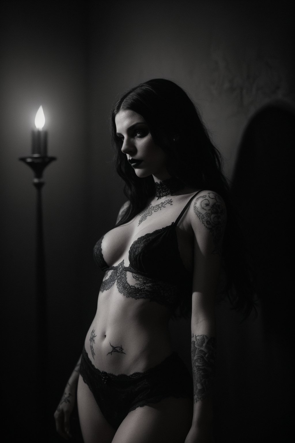 goth girl, black lipstick, ((tattooed)), (Rembrandt style), (full body), (dynamic angle), (dynamic pose), Oil painting featuring a figure embodying pain and sadness mingling with erotism, lace accents adorning their form, plunged in a dark ambience, sharp details in a play of contrast, black and white palette, (grayscale), emphasis on textured brushwork, expressive facial features partially veiled by shadows, chiaroscuro technique, rich details, 8k, intricate details, atmospheric lighting, 35mm photograph, professional, highly detailed, high budget, moody, epic, gorgeous, proportional,