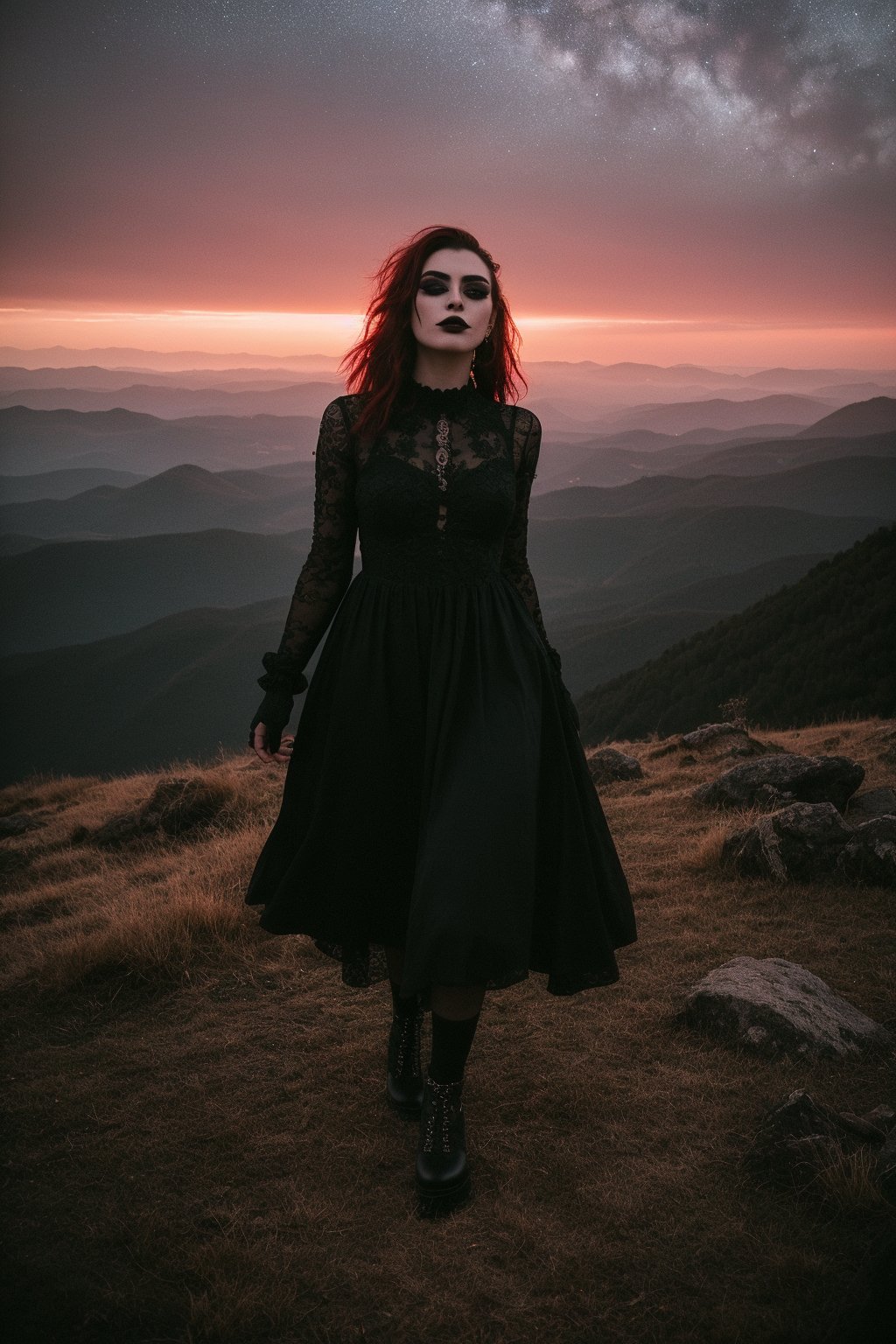 A goth girl stands atop a mountain, her short black dress billowing in the wind as she gazes out at the starry sky. Platform shoes add height to her imposing figure, while face tattoos and bold black lipstick accentuate her mysterious persona. Her hair flows freely, framing her features as the atmospheric lighting casts long shadows on the rugged terrain. The 35mm photograph captures every intricate detail with professional precision, highlighting red hues in a moody, epic, and gorgeous composition.