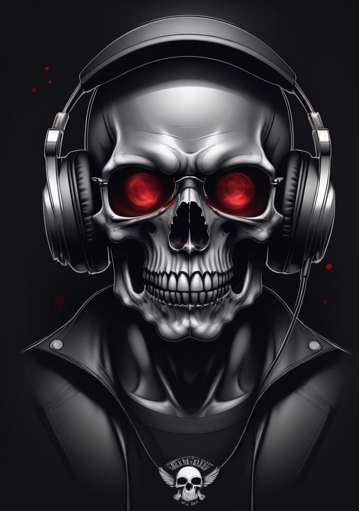 A detailed illustration a dead skull, wearing t-shirt, red swirl eyes, headbanger mood, gothic art, black & white colors, t-shirt design, cracked glass backgroud, t-shirt design, b&w, bokeh, Adobe Illustrator, hand-drawn, digital painting, high-poly, soft lighting, bird's-eye view, isometric style, retro aesthetic, focused on the character, 4K resolution, photorealistic rendering, using Cinema 4D, headphones
