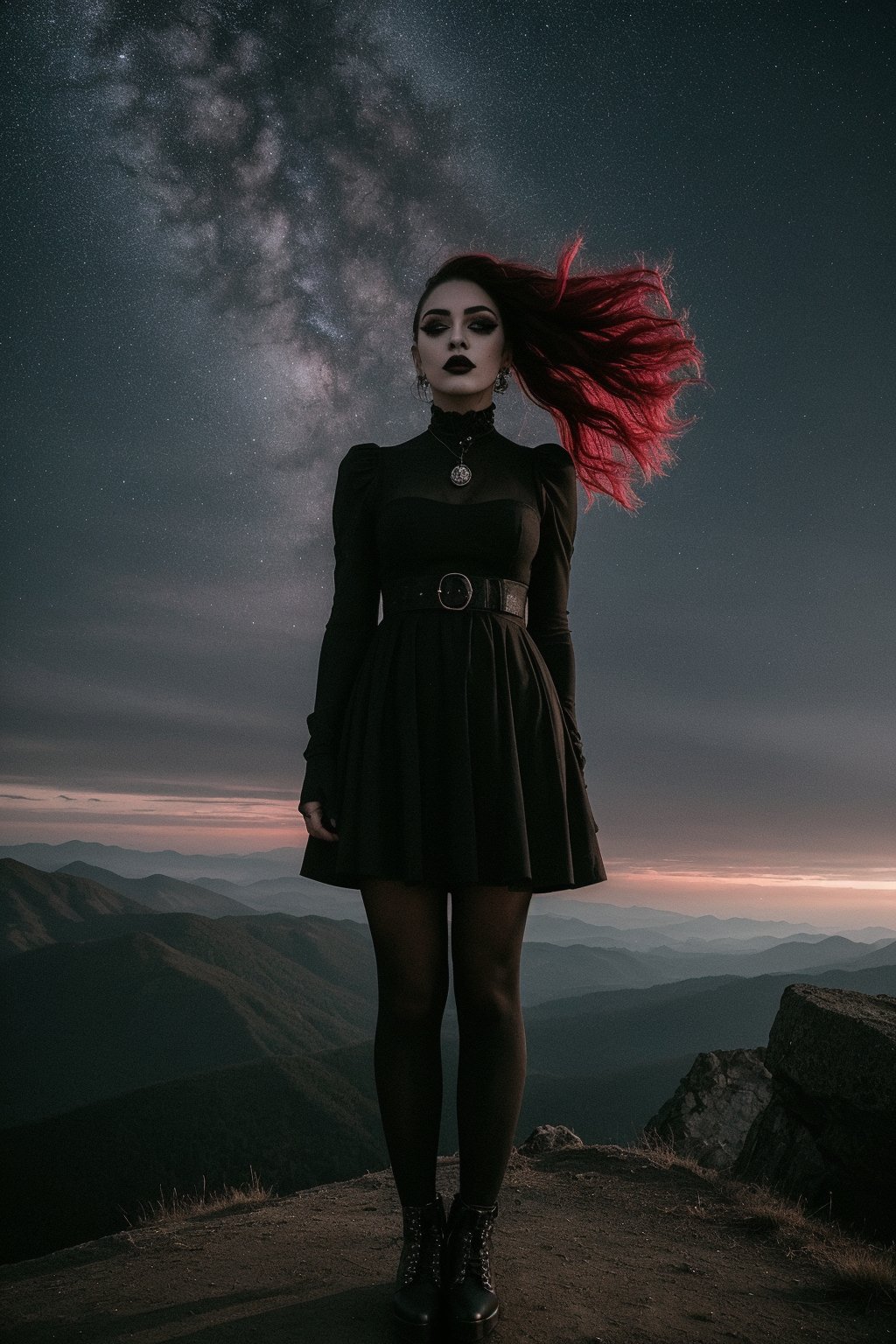 A goth girl stands atop a mountain, her short black dress billowing in the wind as she gazes out at the starry sky. Platform shoes add height to her imposing figure, while face tattoos and bold black lipstick accentuate her mysterious persona. Her hair flows freely, framing her features as the atmospheric lighting casts long shadows on the rugged terrain. The 35mm photograph captures every intricate detail with professional precision, highlighting red hues in a moody, epic, and gorgeous composition.