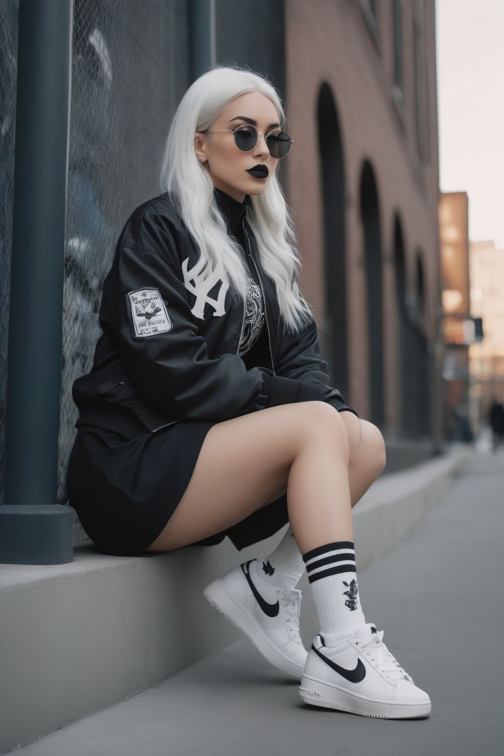 professional photoshot style, sharp focus, goth woman, long white hair, ((tattooed body)), ((tattooed face)), black lipstick, sunglasses, ((college jacket of New York Yankees)), black gathered skirt, black sneakers in Nike Air style, white crew socks, impressive photoshot, trending on fashion magazines, urban background, artgerm, ,fflixmj6, rich details, 8k, intricate details, atmospheric lighting, 35mm photograph, professional, highly detailed, high budget, moody, epic, gorgeous, proportional,